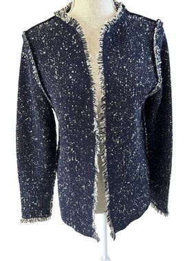 Sioni Womens Navy Boucle Open Front Cardigan Sweater With Fringe Edges - Size M